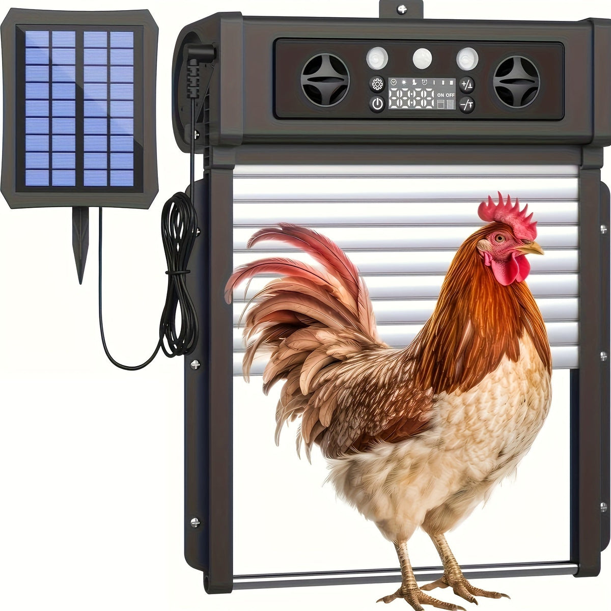 Automatic Chicken Coop Door Solar Powered – Poultry Coop Management – KA-200 Aluminum Alloy Auto Door with Timer, Light Sensor, Anti-Pinch Safety, Remote - product image