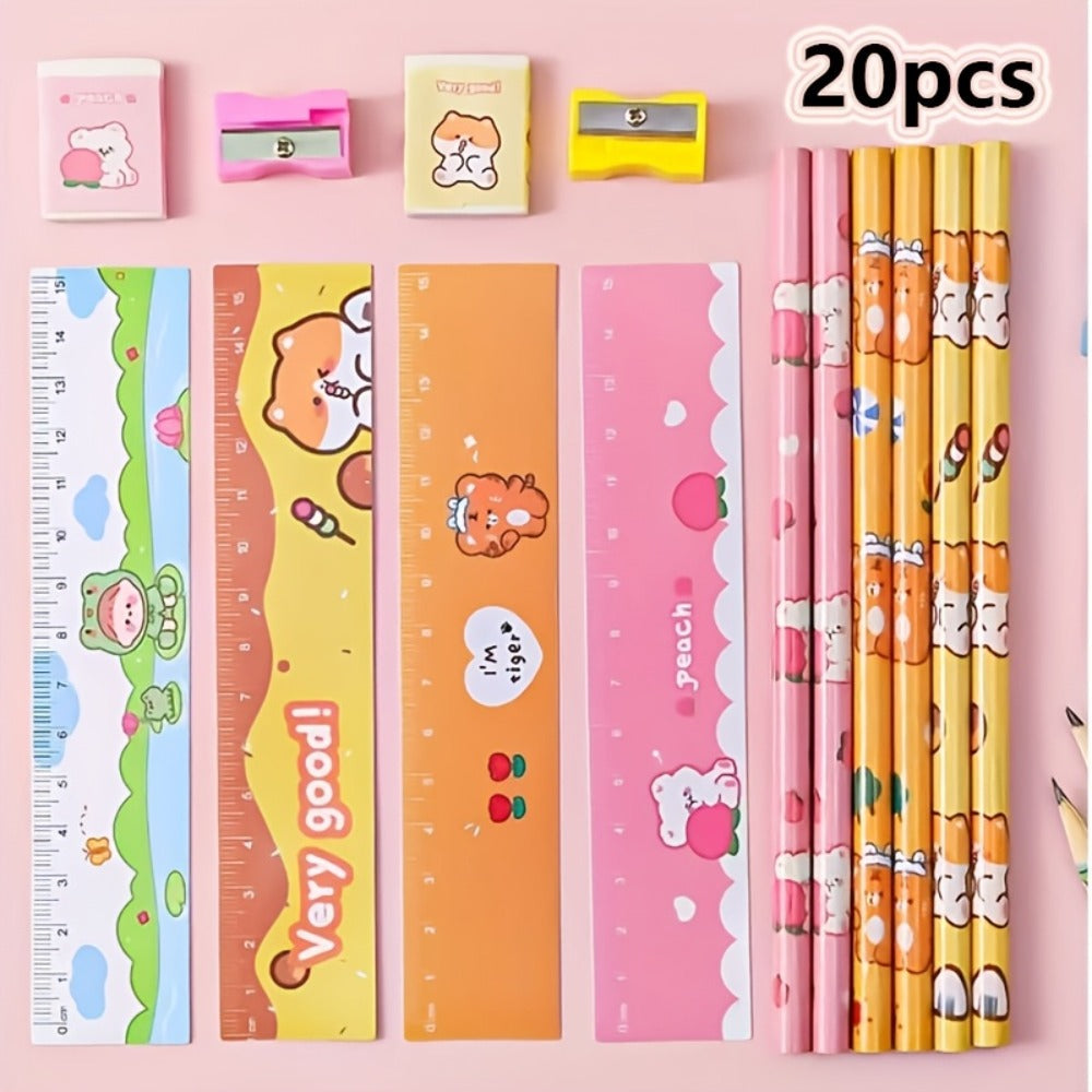 20-Piece Cartoon Pencil Stationery Set with Ruler Eraser Sharpener, Random Cartoon Styles, Kids School Supplies, Party Favor Prizes, Festival Gift Set for Students - product image 2