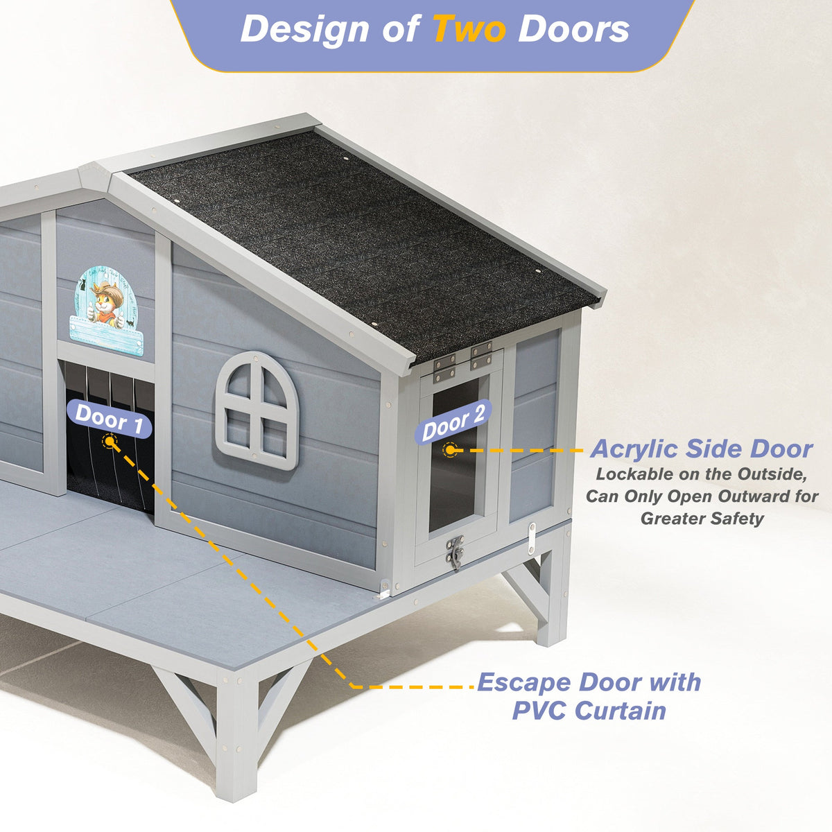 Large Indoor Outdoor Catio for 1-3 Cats, Rabbits & Small Animals, Grey – Outdoor Cat House Wooden Weatherproof Feral Cat Shelter with Deck, Elevated Legs & 2 - product image 6