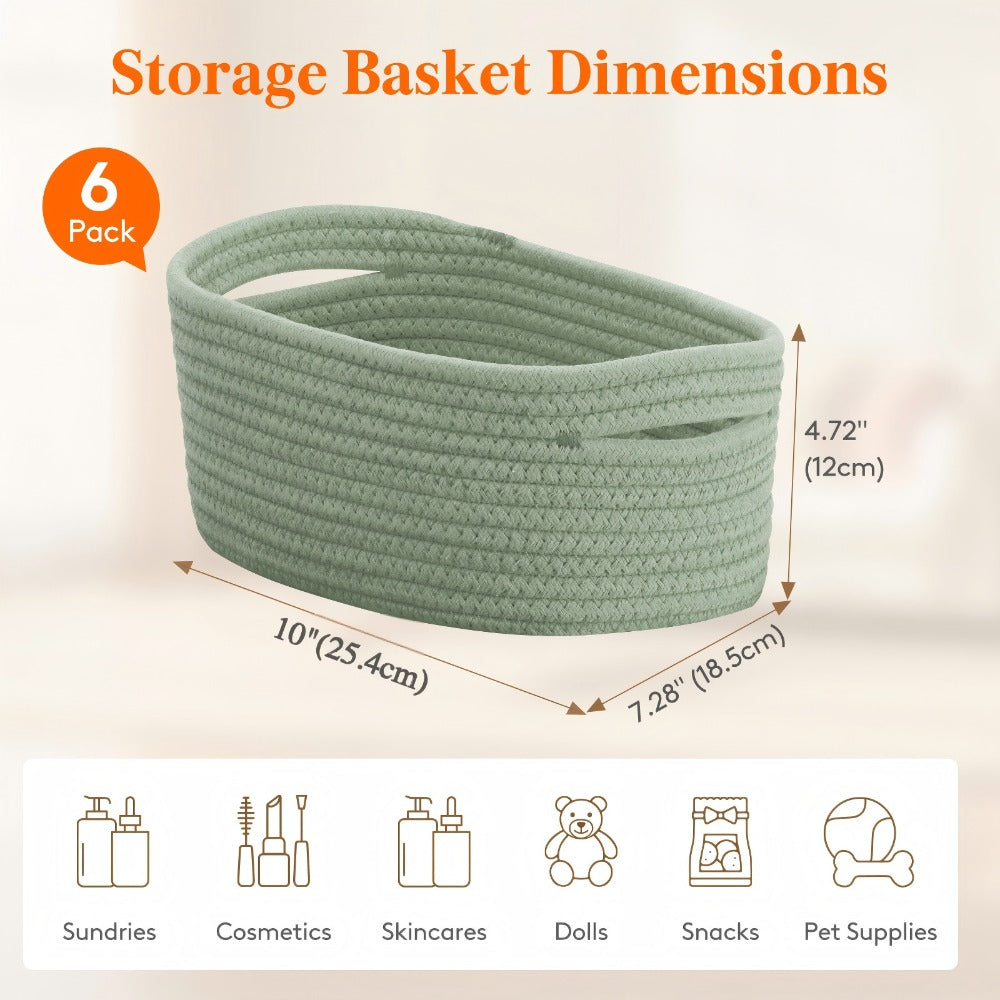Woven Storage Baskets 6-Pack Cotton Rope Cube Bins 11x7x5" | Handmade Small Shelf Baskets for Organizing Closet Bedroom Living Room Playroom | Round Decorative Storage Caddy Multip - product image 2