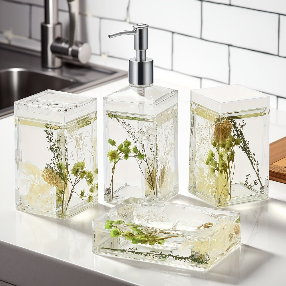 Bathroom Accessory Set 4-Piece 3D Floating Motion Acrylic Liquid Vanity Kit - Tumbler, Toothbrush Holder, Soap Dispenser & Soap Dish, Handcrafted Shell & Leaf Decor, Ocean Dolphin  - product image