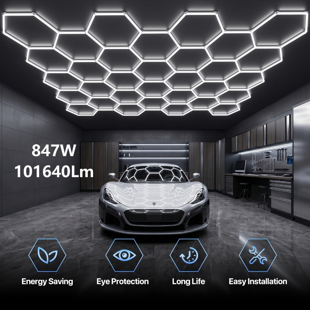LED Hexagonal Garage Light 6500K – Super Bright Daylight White Shop Light 42W–620W for Auto Detailing, Warehouse, Workshop, Basement & Gym (1 to 32 Grids, Hex Frame Available) - product image 3