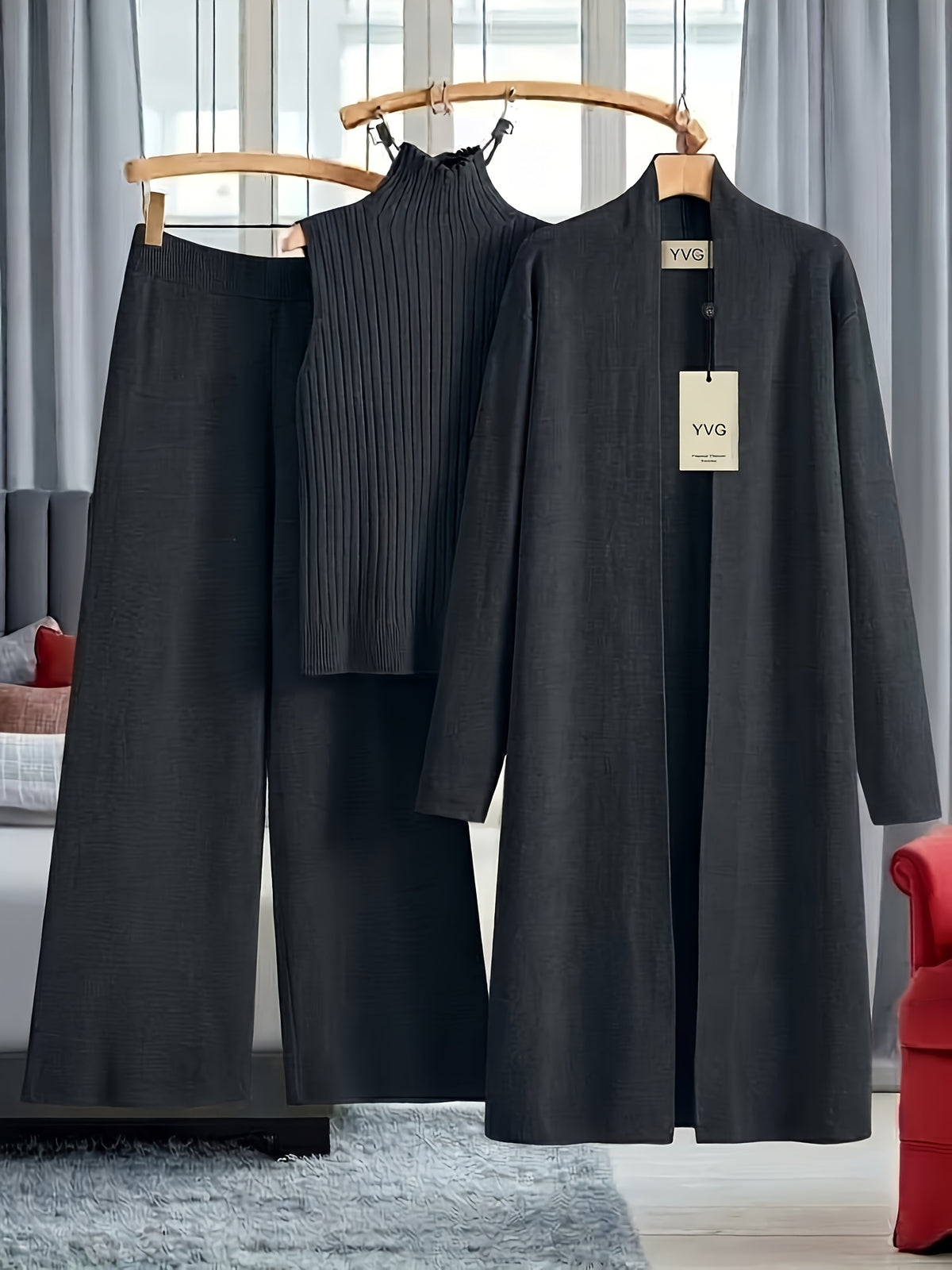 Genuine - Women's Autumn and Winter New Loose Set: Long Wide-Leg Pants + Shawl Cardigan + High-Collar Sweater Vest Fashion Three-Piece Set