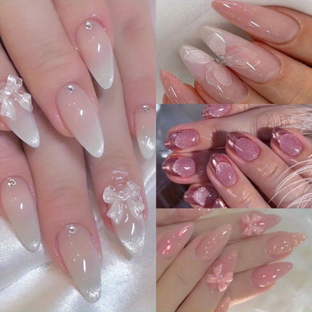 Ice Pink Almond Press On Nails 96 Pieces 4 Packs – Gradient Flower Butterfly Glossy Full Cover False Nails for Women Girls | Shiny Nail Tips Daily Wear Spring Summer Bridal Wedding - product image 8