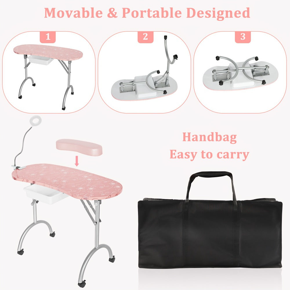 Foldable Nail Table with LED Lamp Drawer Lockable Wheels Wrist Cushion & Carrying Bag – Portable Manicure Station for Nail Salon Technician Home Studio White - product image 9
