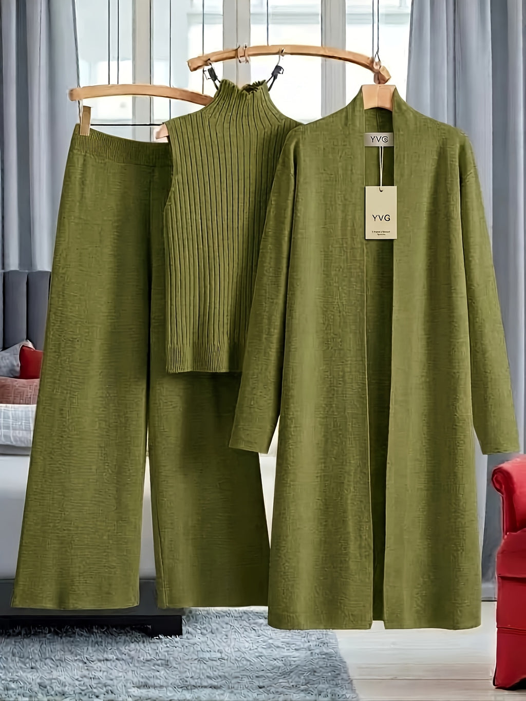 Genuine - Women's Autumn and Winter New Loose Set: Long Wide-Leg Pants + Shawl Cardigan + High-Collar Sweater Vest Fashion Three-Piece Set - product image 6