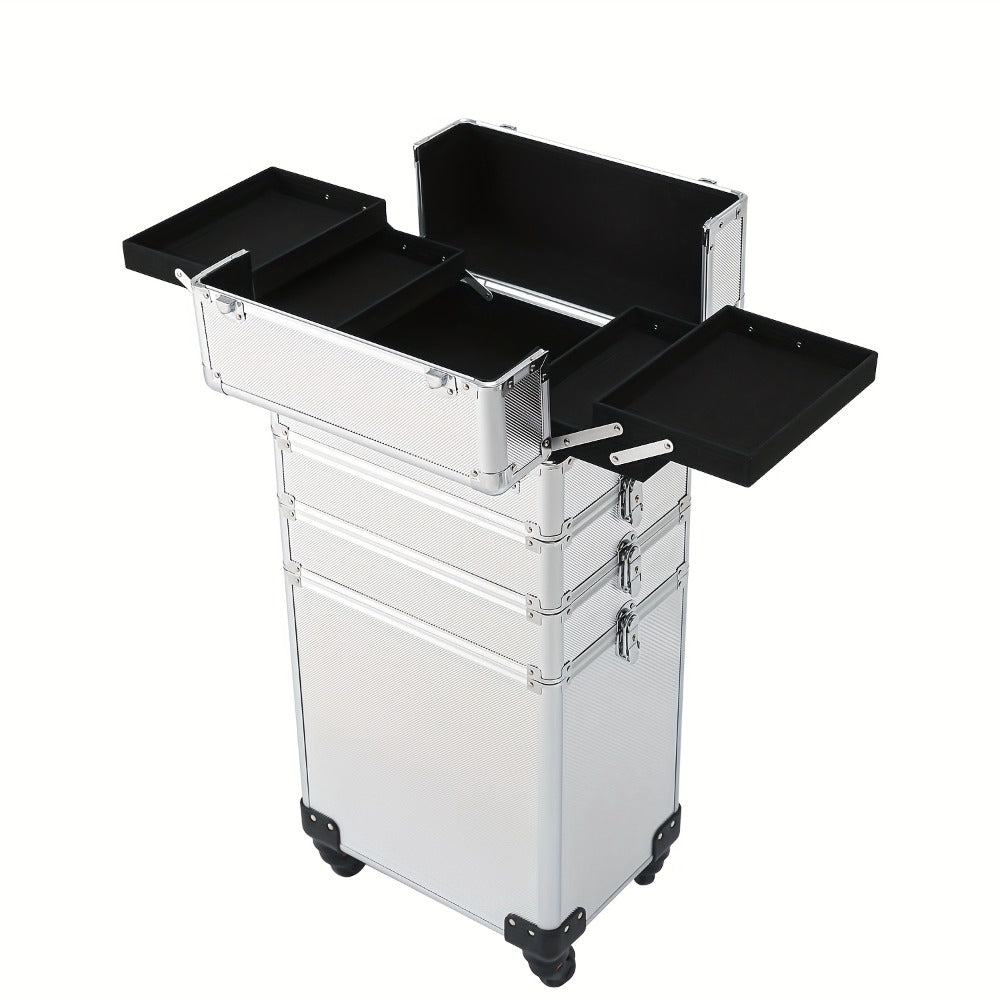 Rolling Makeup Case Aluminum 4-in-1 Extra Large Professional Cosmetic Trolley with 360° Swivel Wheels for Makeup Artist Tattoo Artist Salon Travel Black Pink Silver - product image 7