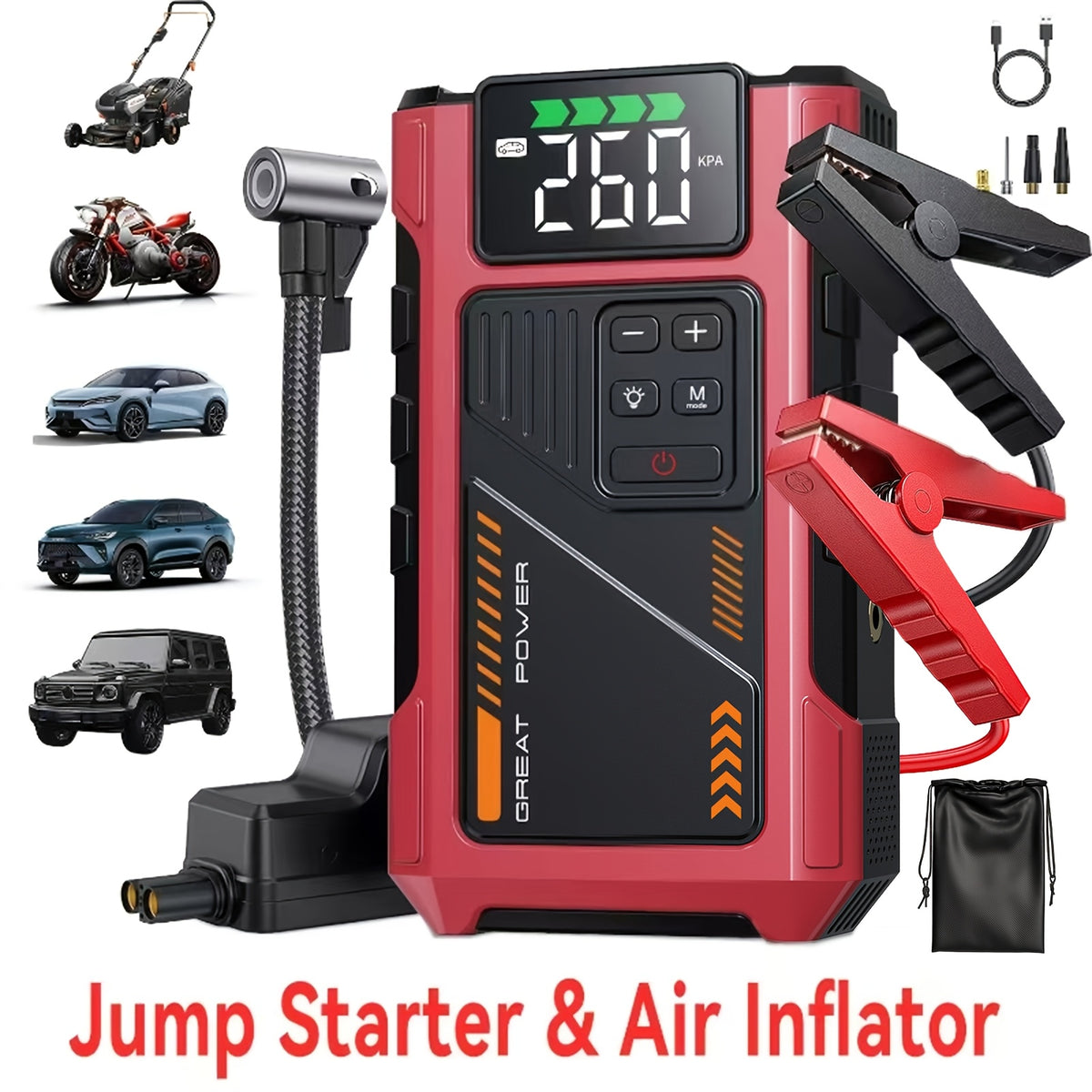 9-in-1 Portable Jump Starter with Air Compressor, 12V Car Battery Jump Starter, Portable Car Battery Charger, Fits 2.11gal Gas/ 1.72gal Diesel Fast Car - product image 3