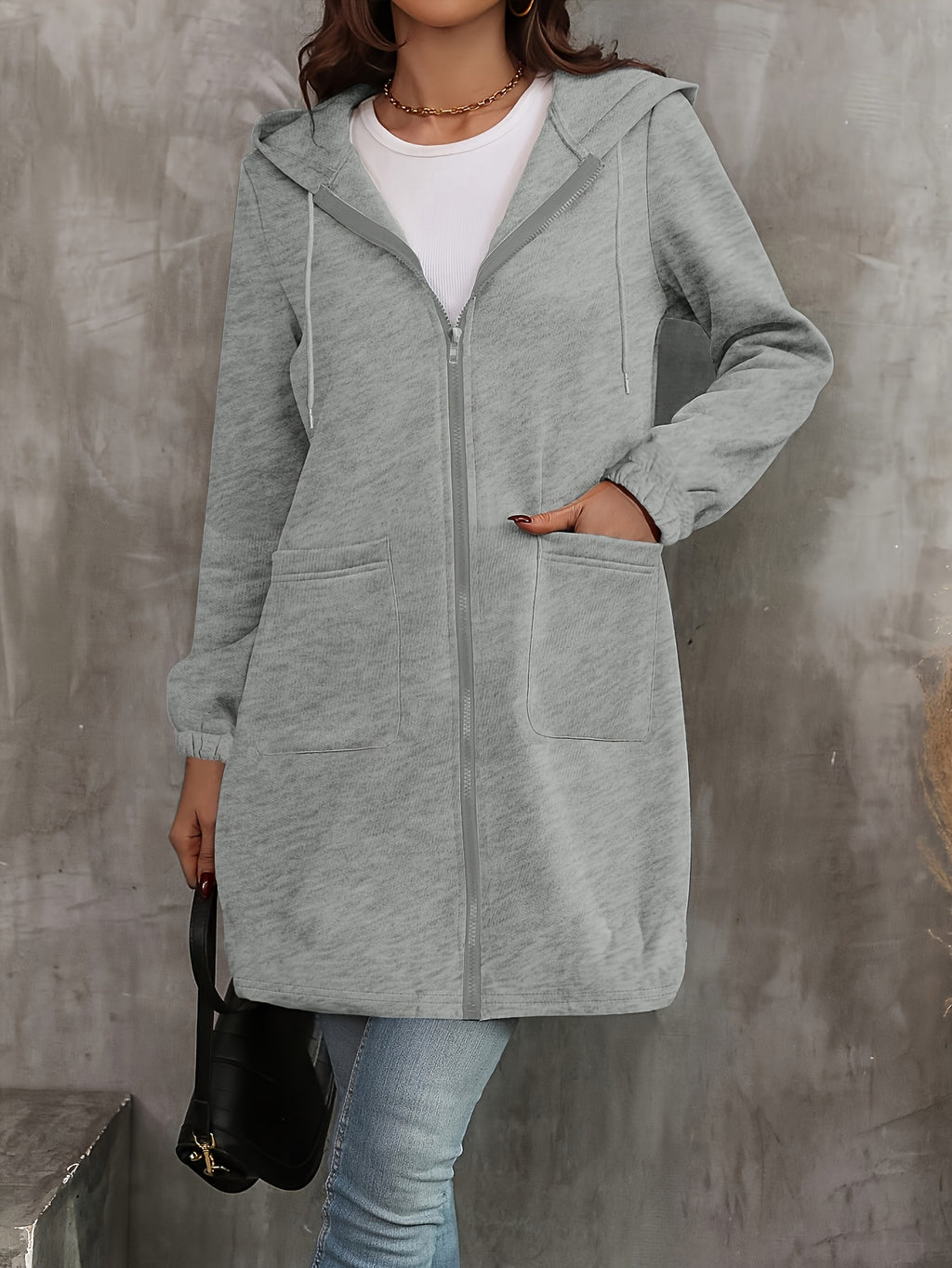 Women's Chic Light Gray Long Hoodie with Kangaroo Pocket, Zipper & Drawstring - Casual Polyester Warm Jacket, Machine Washable for Fall/Winter, Jacket Hoodie - product image 5