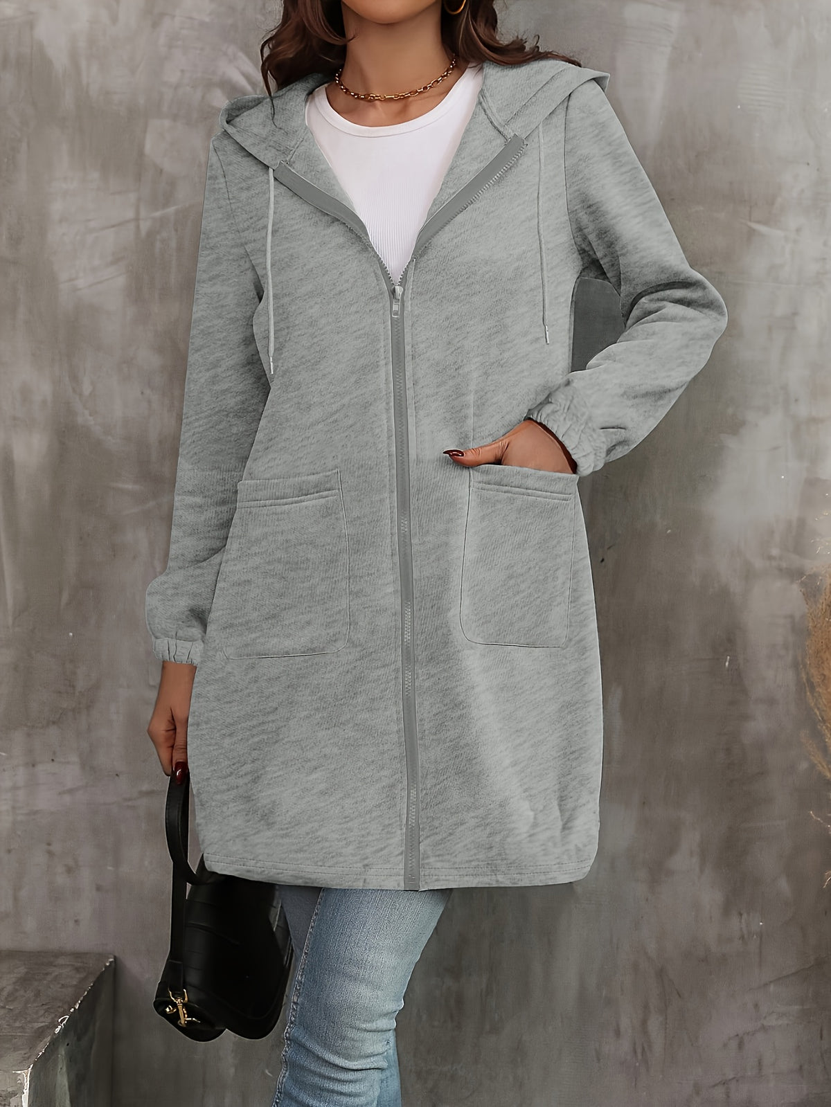Women's Chic Light Gray Long Hoodie with Kangaroo Pocket, Zipper & Drawstring - Casual Polyester Warm Jacket, Machine Washable for Fall/Winter, Jacket Hoodie - product image 5