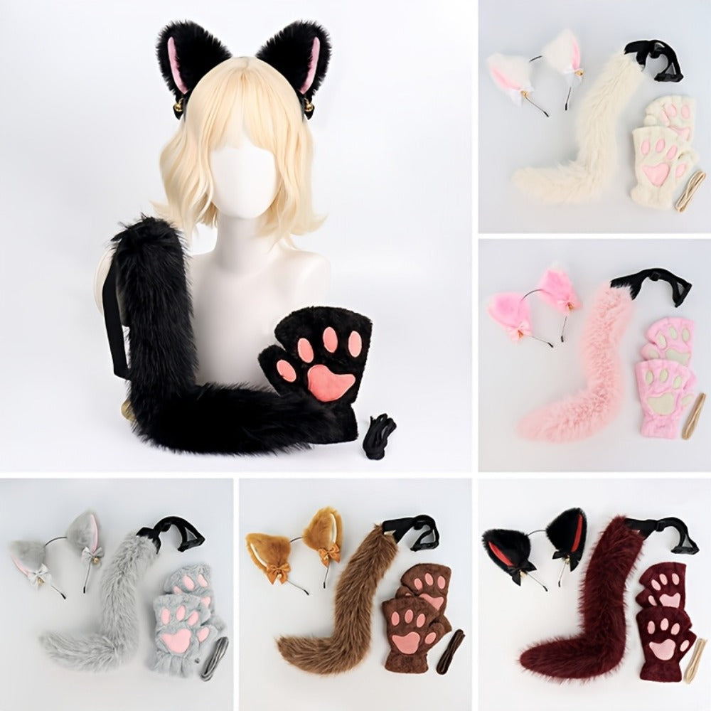 Bell Ear Headband, Plush Paw Gloves & Adjustable Tail for Halloween, Cosplay, Role Play & Stage Performances, Cute Gift for Women Girls, Grey White Brown Pink - product image 2