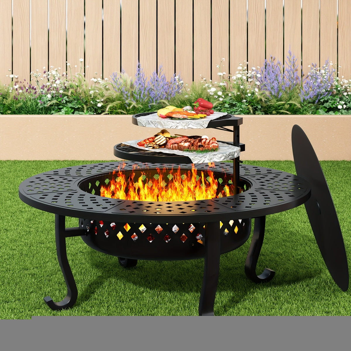 Fire Pit 43 Inch with 2 Cooking Grills & Lid Outdoor Wood Burning Firepit Round Metal Table for Backyard Patio Garden Camping Bonfire - product image
