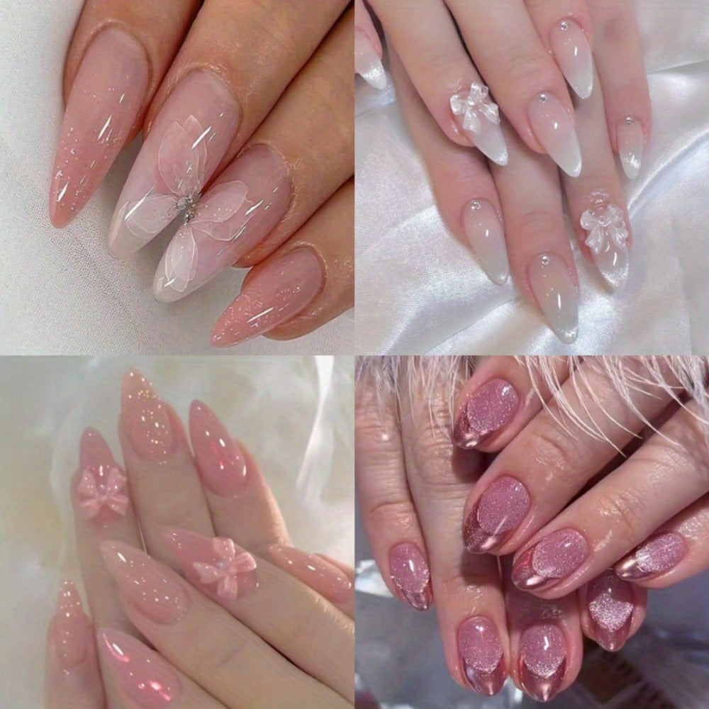 Ice Pink Almond Press On Nails 96 Pieces 4 Packs – Gradient Flower Butterfly Glossy Full Cover False Nails for Women Girls | Shiny Nail Tips Daily Wear Spring Summer Bridal Wedding - product image