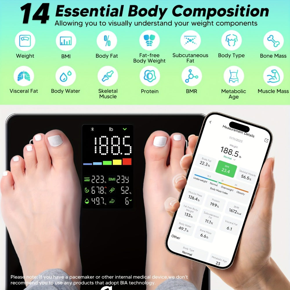 Smart Body Scale 14-in-1 – Body Fat Scale with BMI, Muscle Mass & 14 Health Metrics, Wireless Bluetooth App Sync, Auto Recognition, 500 lb Capacity, HD LED Display for Home & Gym U - product image 7