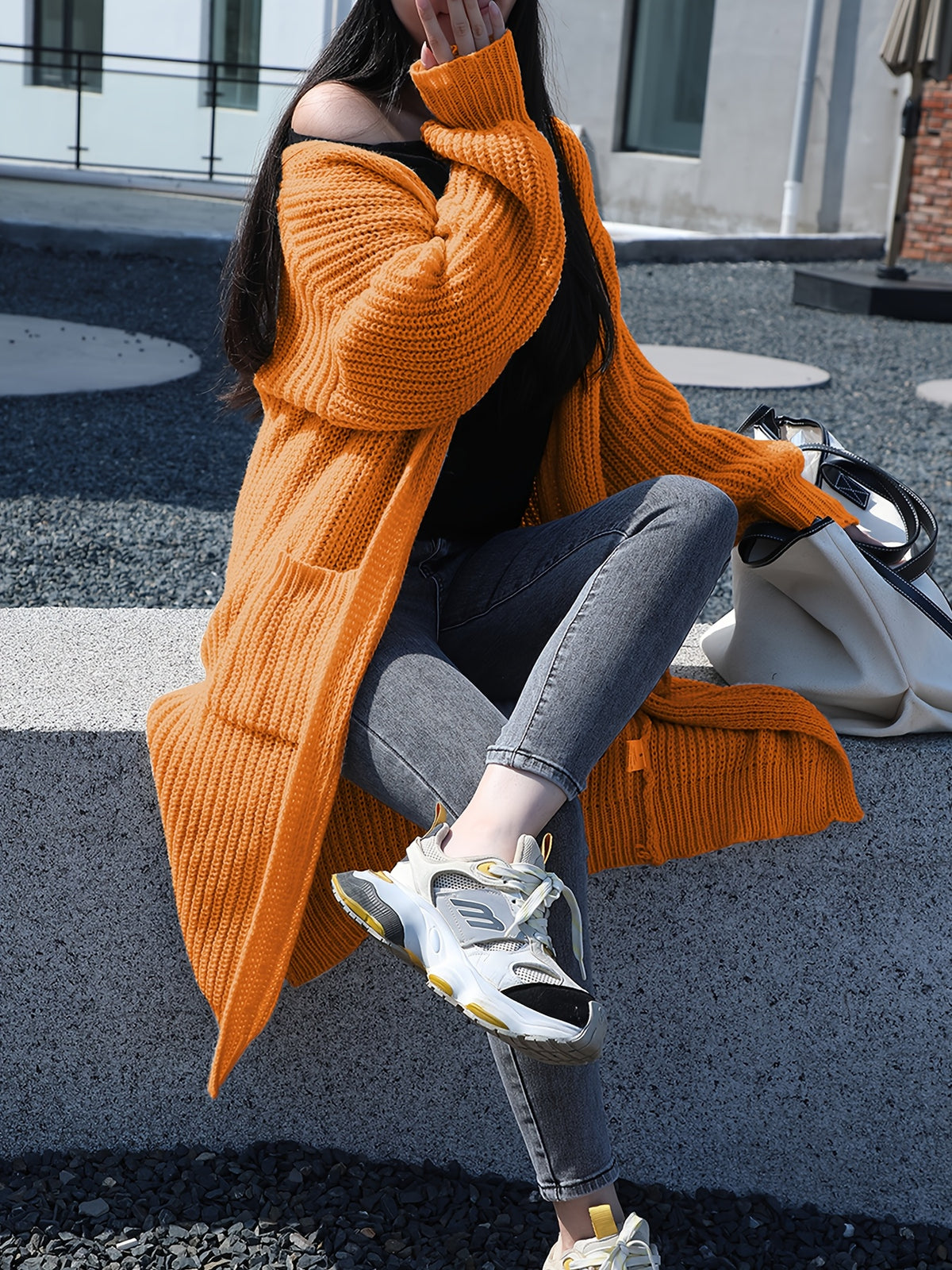 Plus Size, Solid Color Plus-Size Women's Long Pocket Cardigan Loose Over-the-Knee Sweater Coat Fashion Versatile Outerwear - product image 22