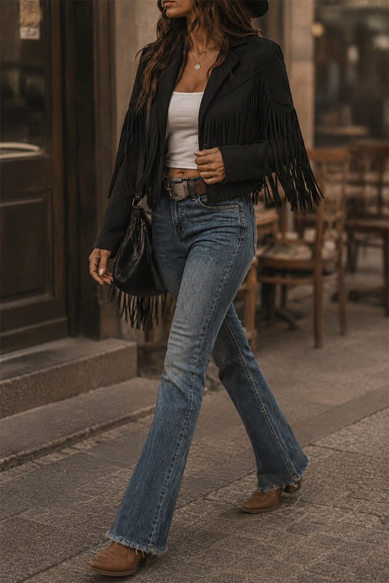 Women's Faux Fringe Jacket, Motorcycle Short Outerwear, 2026 Western Style Fashion Autumn/Winter Long Sleeve Denim Cardigan Jacket, Deer Velvet Faux Fringe - product image 7
