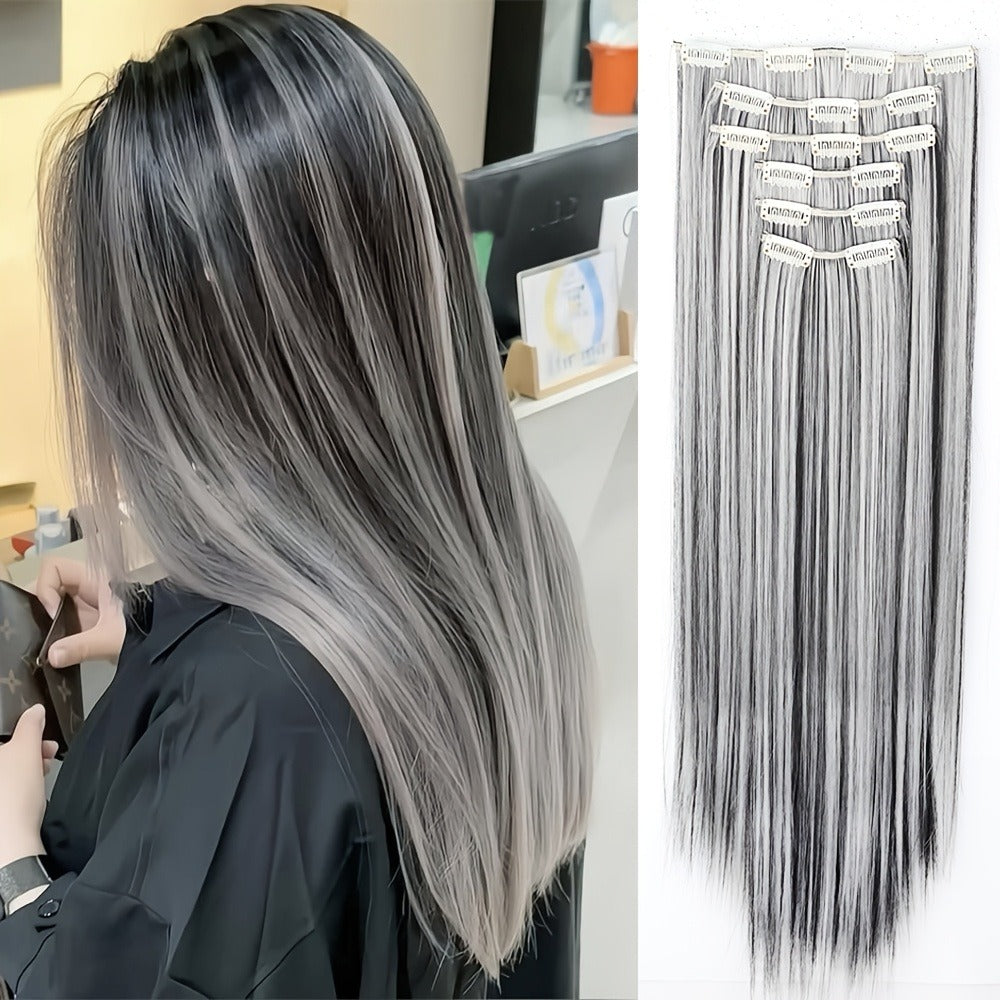 Clip In Hair Extensions Synthetic 6pcs 24 Inch Black Gray Heat Resistant Volume Boosting Hairpiece for Women Daily Wear Halloween Costume Party Cosplay - product image 5