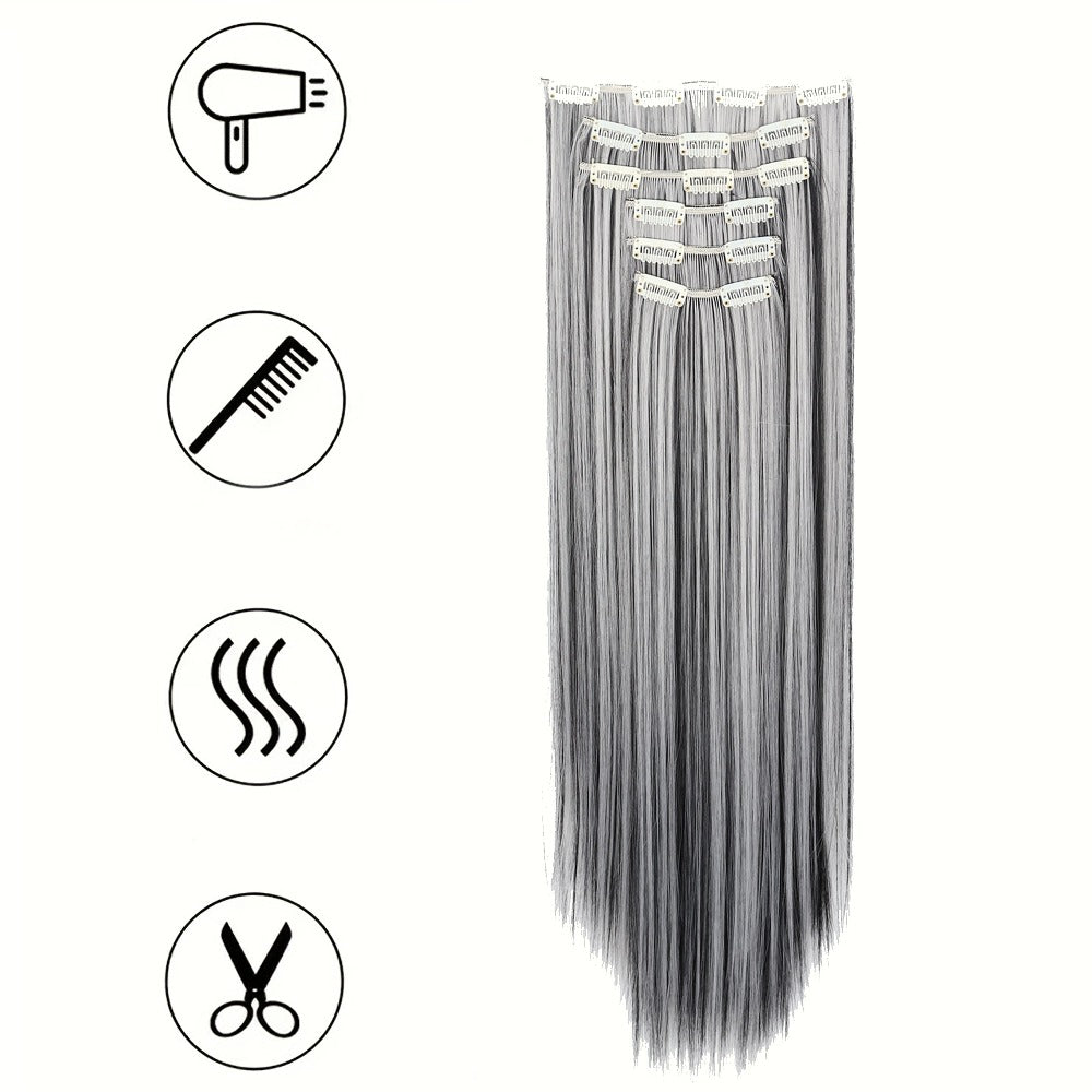 Space Gray Clip In Hair Extensions 6 Piece Set 24 Inch Heat Resistant Synthetic Fiber – Instant Length & Volume for Women | Daily Wear Halloween Costume Cosplay Party Gift - product image 5