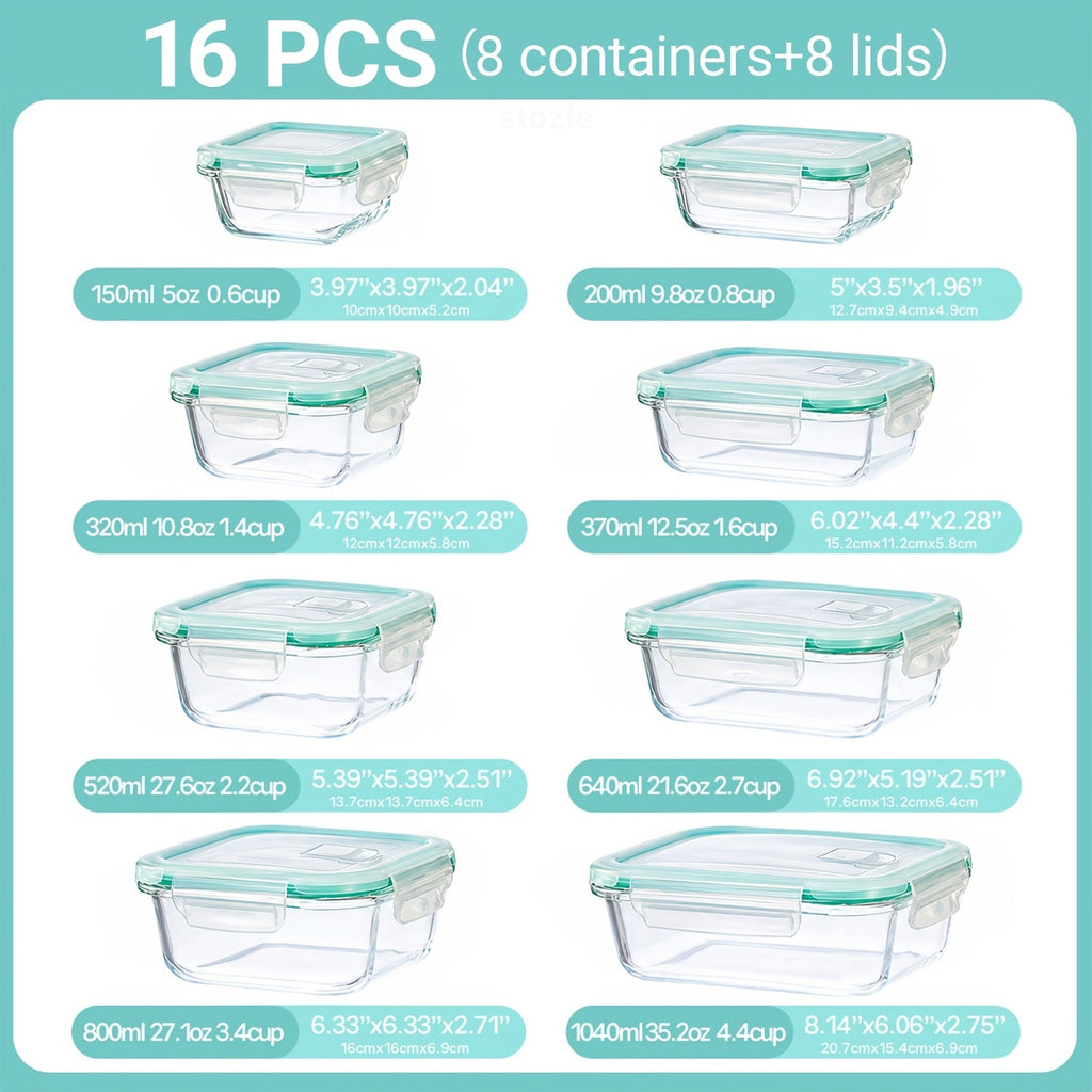 8 Lids & 8 Containers, Leak-Proof Sealed Picnic Lunch Box for Salad, Fruit, Vegetables & Sandwiches, Long-lasting Outdoor Food Prep Containers | Airtight Glass Food Storage Containers 16-Piece Set with Vented Lids