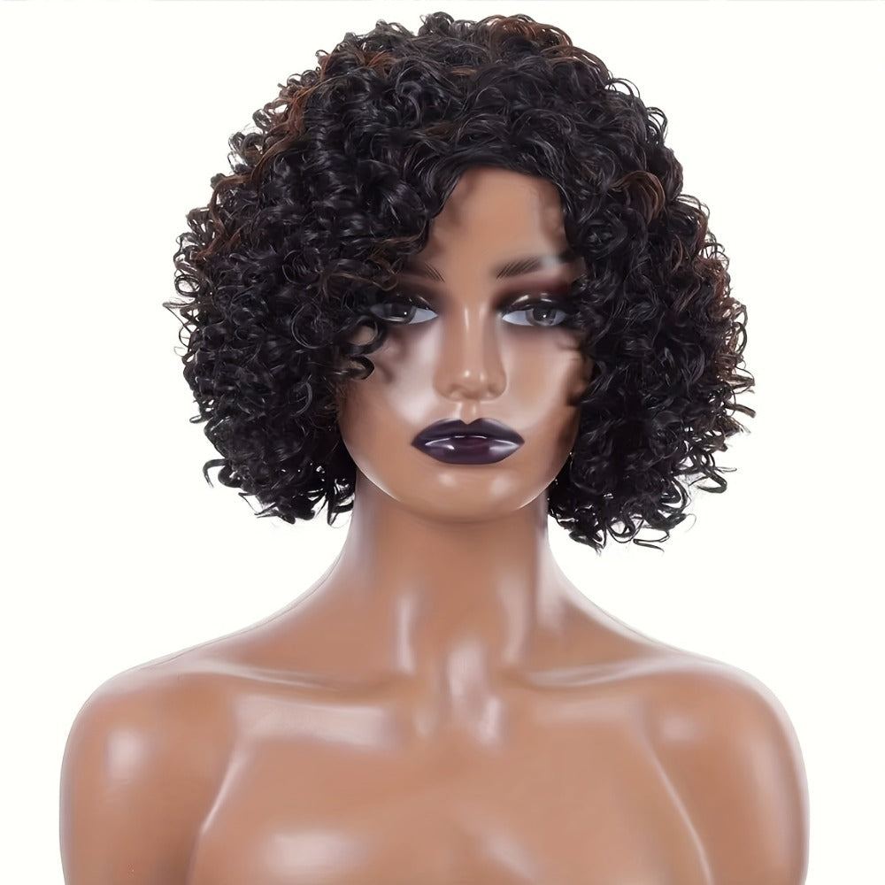 Short Afro Kinky Curly Wig 12 Inch Synthetic Heat Resistant Elastic Cap – Full Coverage Voluminous Hair Replacement Wig for Women | Black & Black Mixed Brown | Daily Wear Party Cos - product image 8