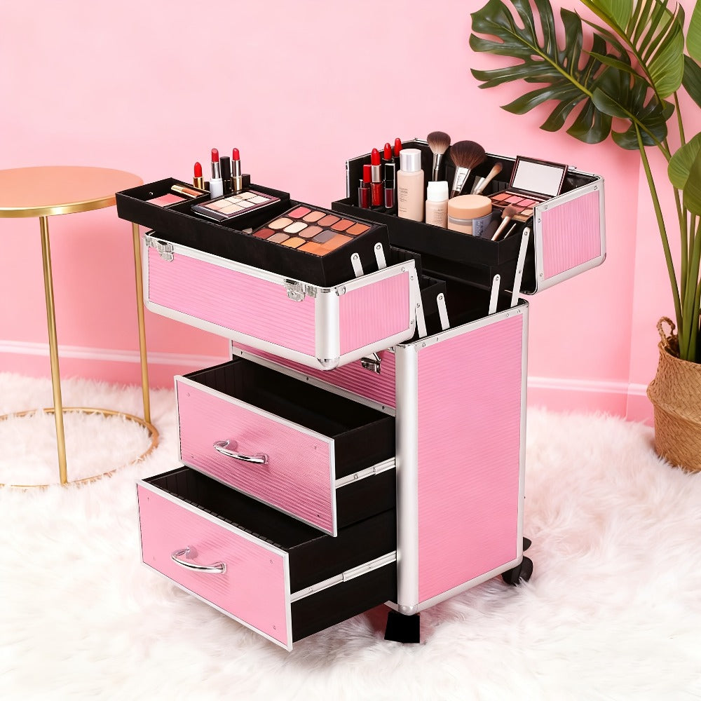 Makeup Train Case 4 Tier Lockable with Extendable Trays Large Capacity Cosmetic Organizer Box for Makeup Artists Salon Professional Beauty Storage Portable Travel Case Pink - product image