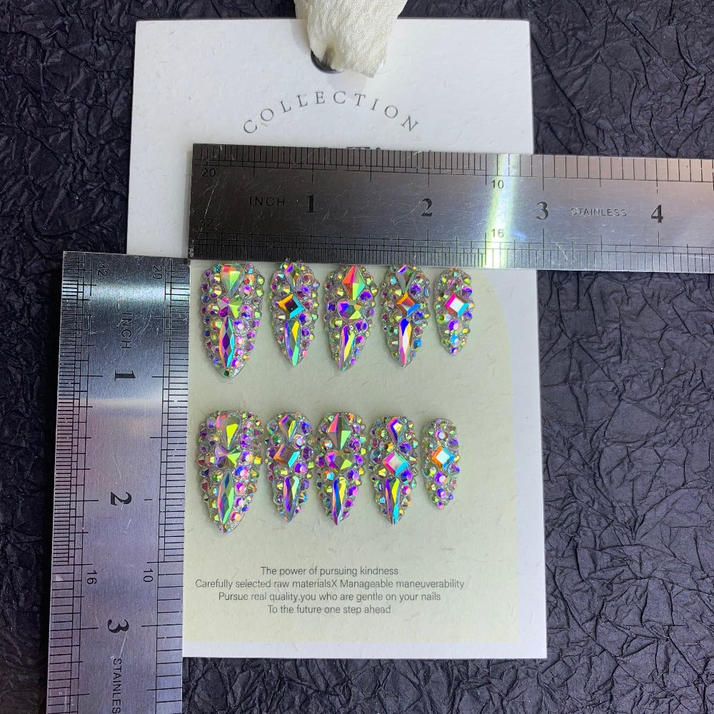 Almond Press On Nails 10pcs Medium Length Glitter Strobe AB Crystal Rhinestone – Color Block Fake Nails Kit with Nail File, Cuticle Stick & Sticker Pad for Party, Wedding, Date Nig - product image 6