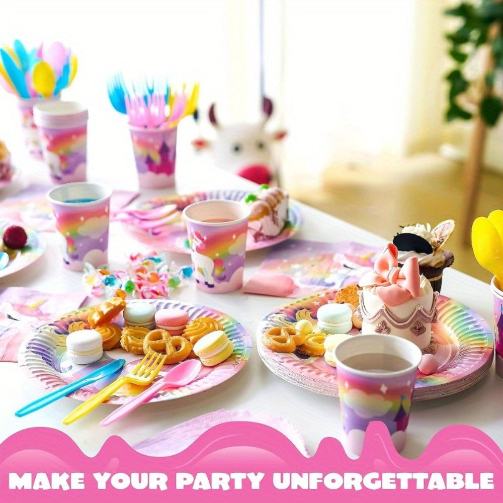 Disposable Tableware Set with Plates Cups Napkins Cutlery & Happy Birthday Banner for Unicorn Theme Birthday Party Decorations & Celebrations – Unicorn Party Supplies 145 Pcs for 24 Guests