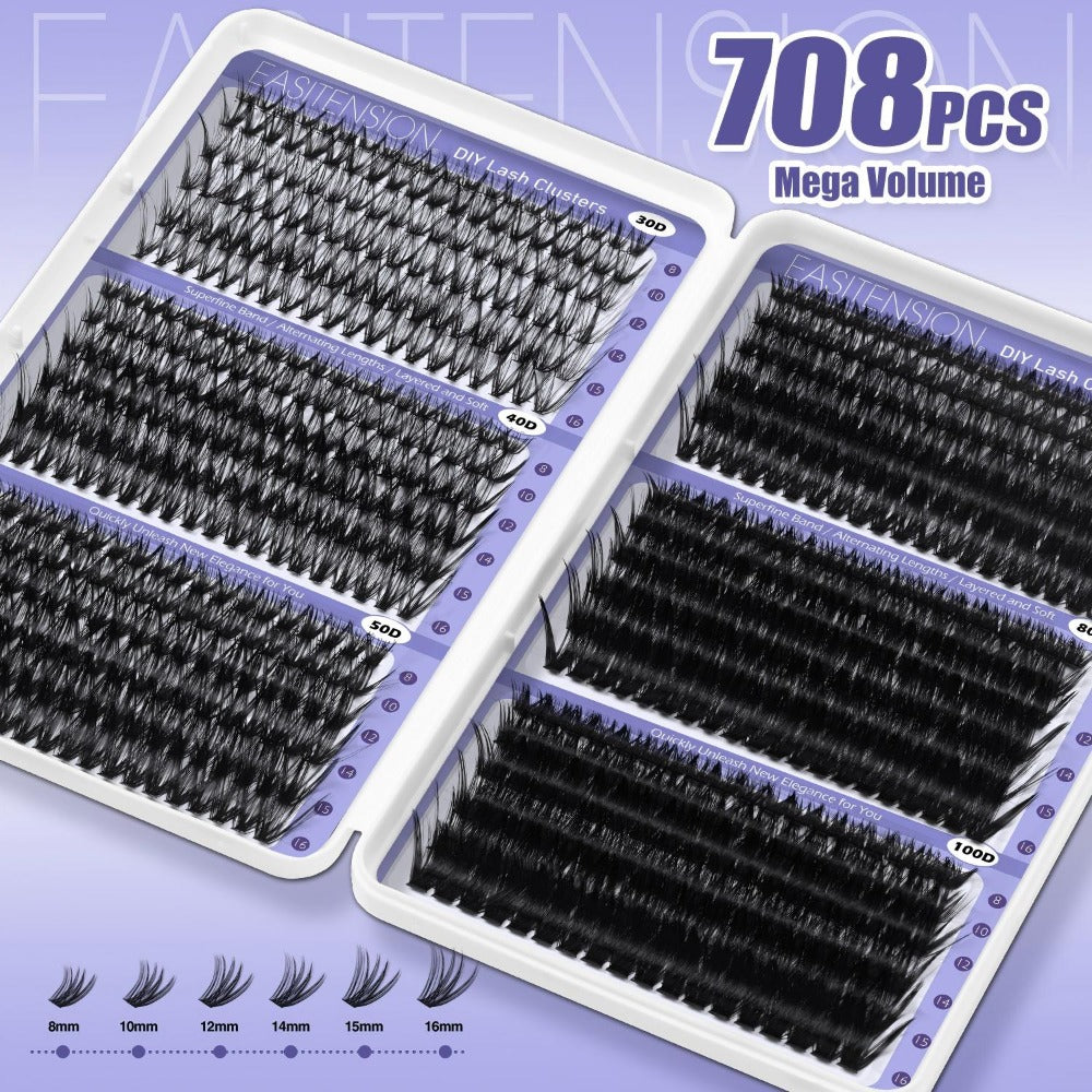 Premade Lash Clusters 708Pcs Mixed Length 30D 50D 80D 100D Wispy Volume Kit – Natural Fluffy DIY Lash Extensions with Bond Seal & Applicator for Everyday, Party, Travel & Event Loo - product image 4