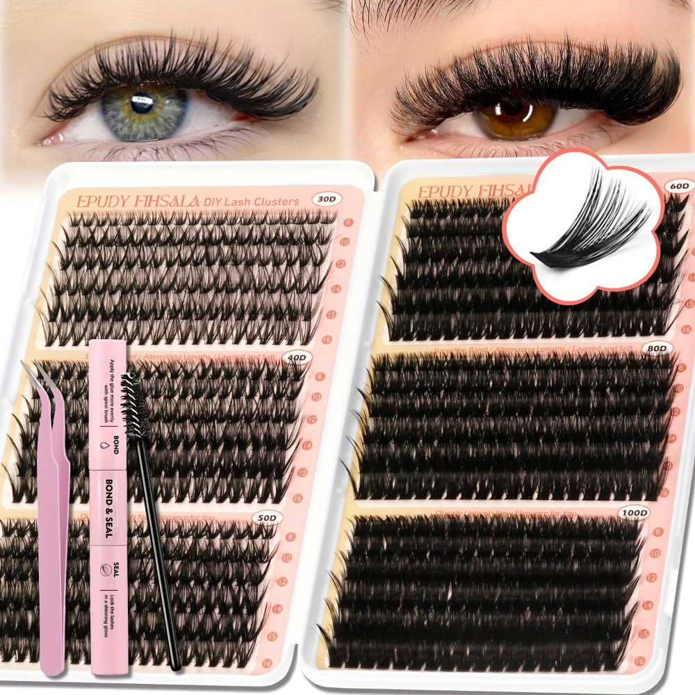 708Pcs Mixed Density Lash Clusters Kit 8-16mm 30D-100D Mega Volume with Glue Tweezers & Brush – Soft Reusable DIY Cluster Lashes for Natural to Dramatic Salon-Style Eye Makeup at H - product image