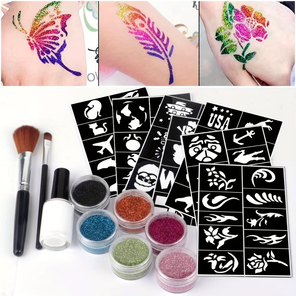 Glitter Tattoo Kit for Kids & Adults – 14 Stencil Sheets 6 Metallic Colors Skin-Safe Body Glue 2 Brushes Temporary Body Art Set for Birthday Parties Festivals Halloween Rave Costum - product image 4