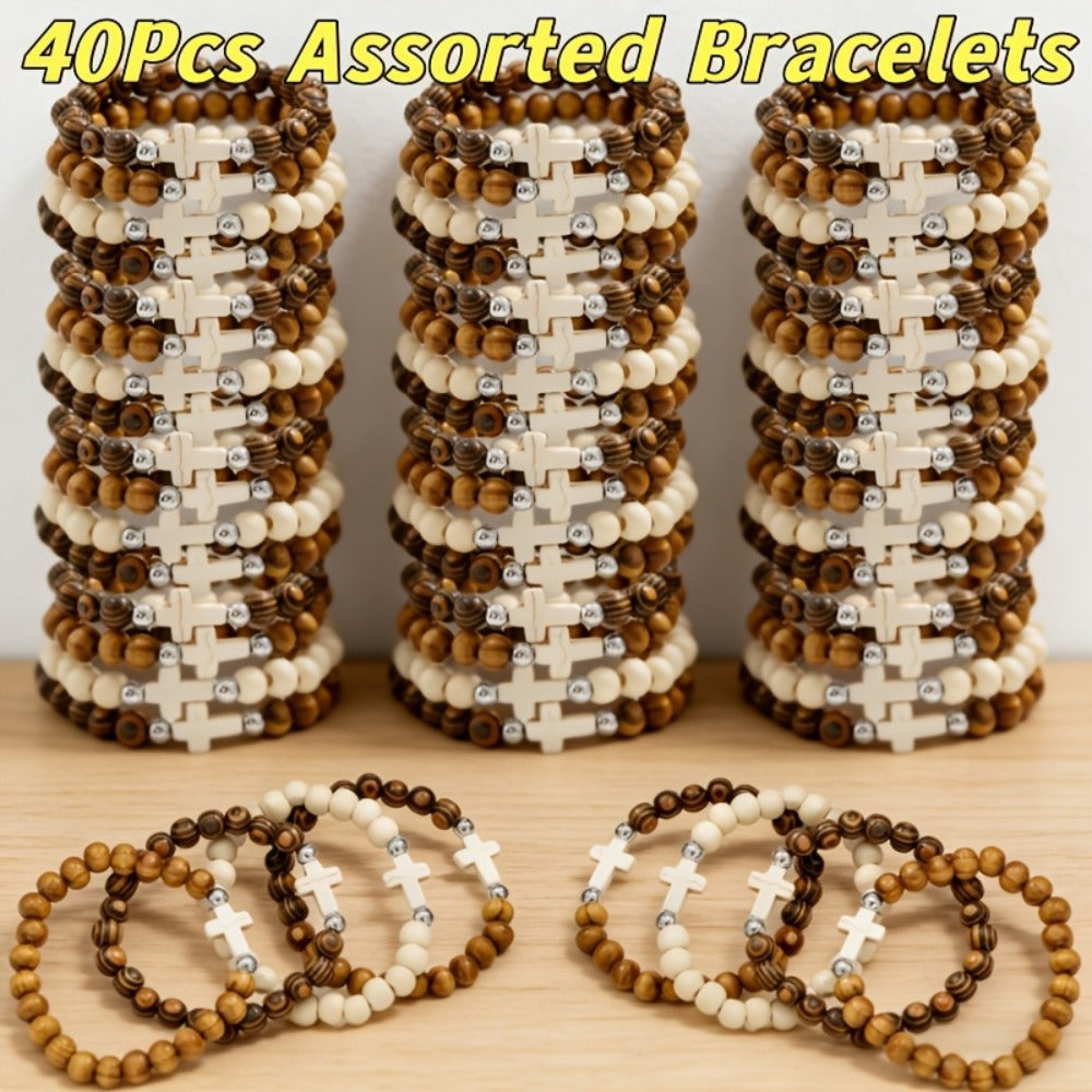 20/40PCS Vintage Ethnic Alloy Cross Pendant Woven Elastic Bracelets, Assorted Colors Christian Religious Jewelry Gifts for Kids Adults | Cross Bracelets Bulk for Baptism Party Favors