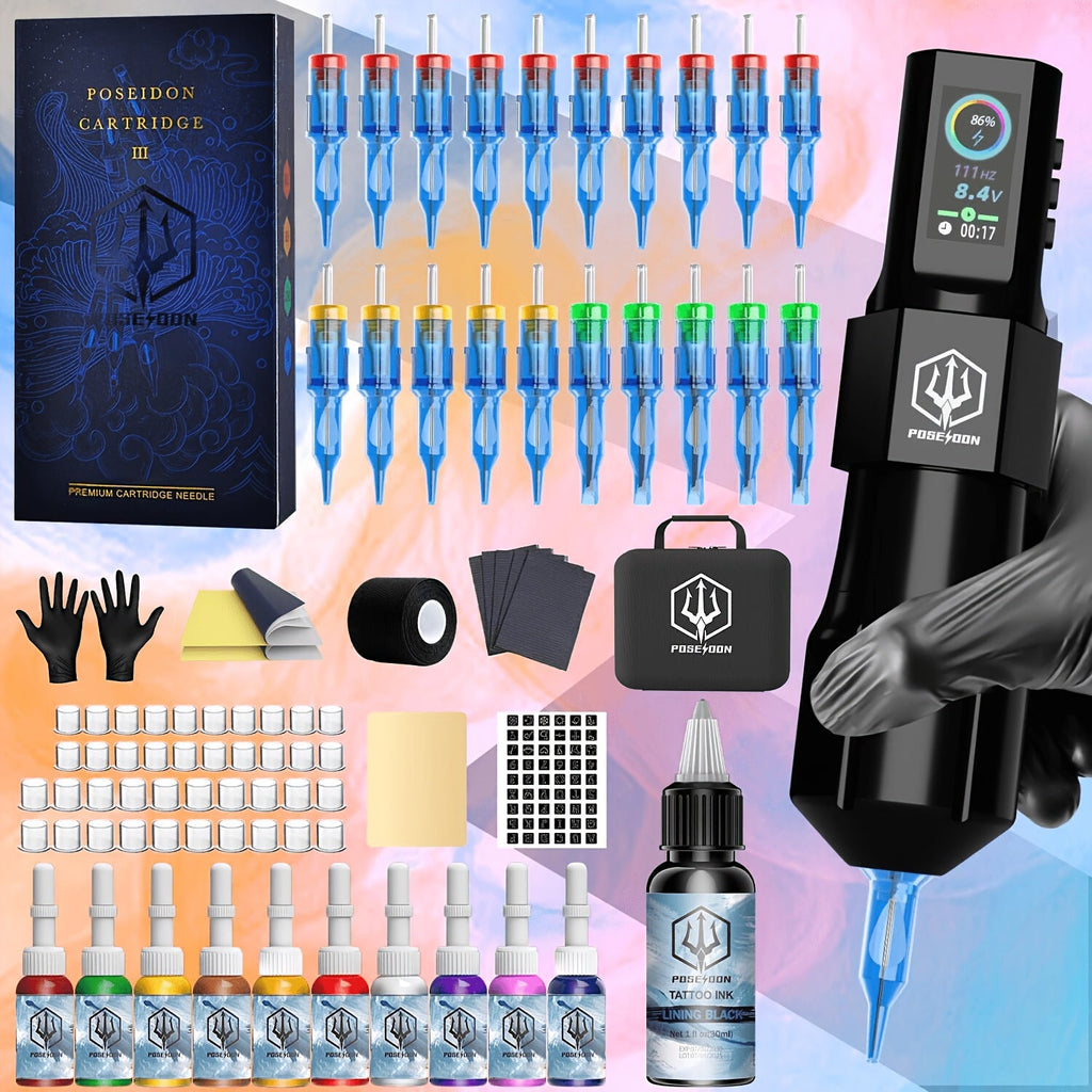 Tattoo Kit Complete Wireless with LCD Screen - POSEIDON LTK08 Battery Pen 20 Needles 11 Inks 6H Runtime Practice Skin Transfer Paper Full Tattoo Supplies for Beginners & Profession - product image 17
