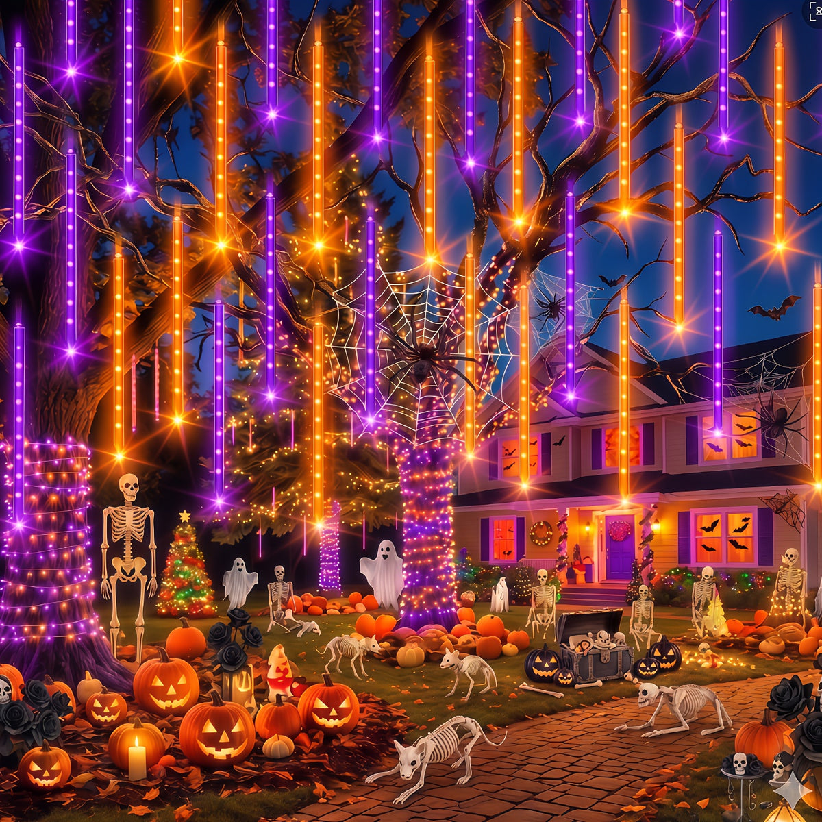 1 Pack, 8-tube 192LED Outdoor Meteor Shower Christmas Light, Solar Powered Rain Light, IPX4, Light Source Sensing, Automatic Switch, Suitable For Courtyard, Party, Thanksgiving, Halloween, Christmas Decoration Lights, Anniversaries