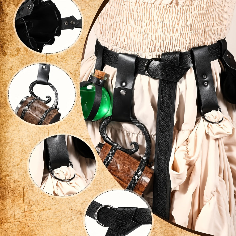 LARP Halloween Cosplay Renaissance Fair Themed Party Role Play Costume Accessory, Black & Brown – Medieval Belt Set 5pcs Viking Renaissance Faux Leather - product image 7