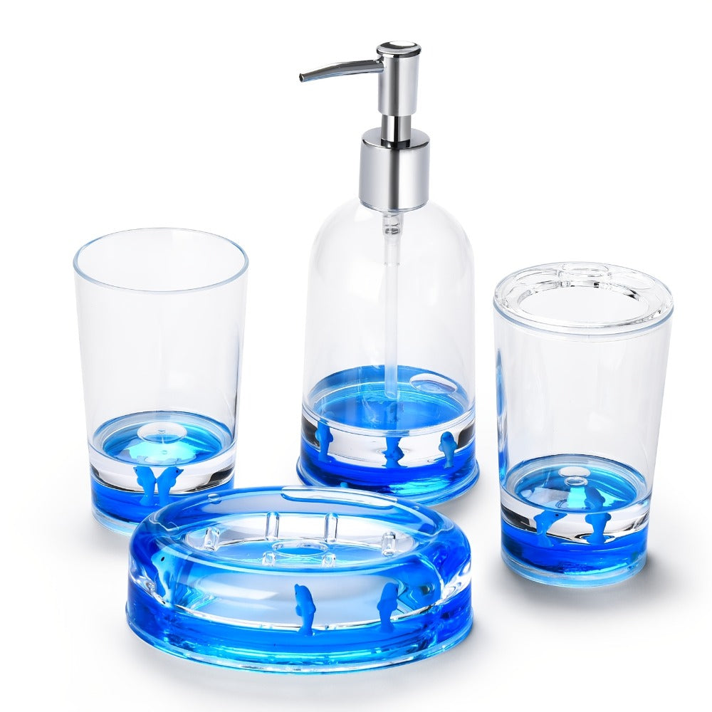 Bathroom Accessory Set 4-Piece 3D Floating Motion Acrylic Liquid Vanity Kit - Tumbler, Toothbrush Holder, Soap Dispenser & Soap Dish, Handcrafted Shell & Leaf Decor, Ocean Dolphin  - product image 5