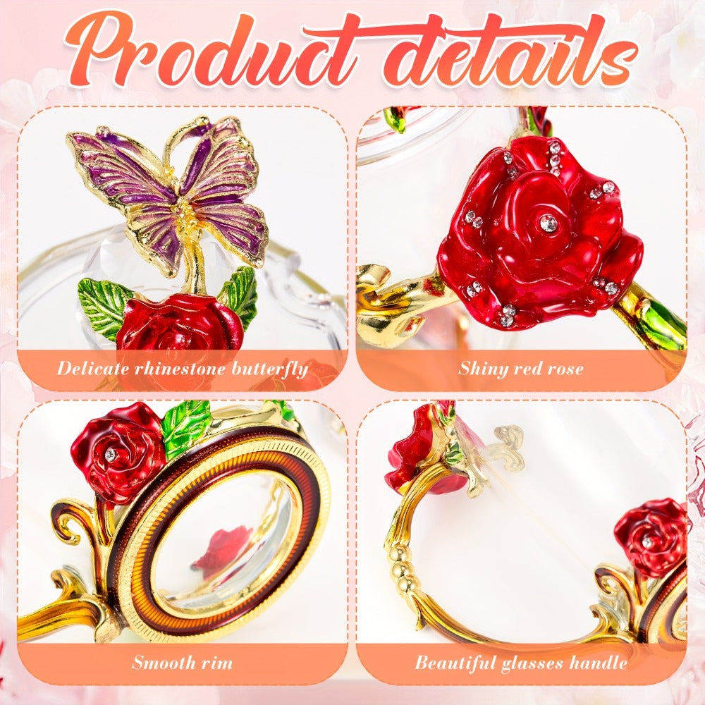 Flower Glass Tea Cups with Lids and Spoon 4 Sets Butterfly Vintage Floral Clear Glass Coffee Mugs 12oz Gift for Women Mom Wife Girlfriend Mother's Day Pink Purple Blue Red - product image 6