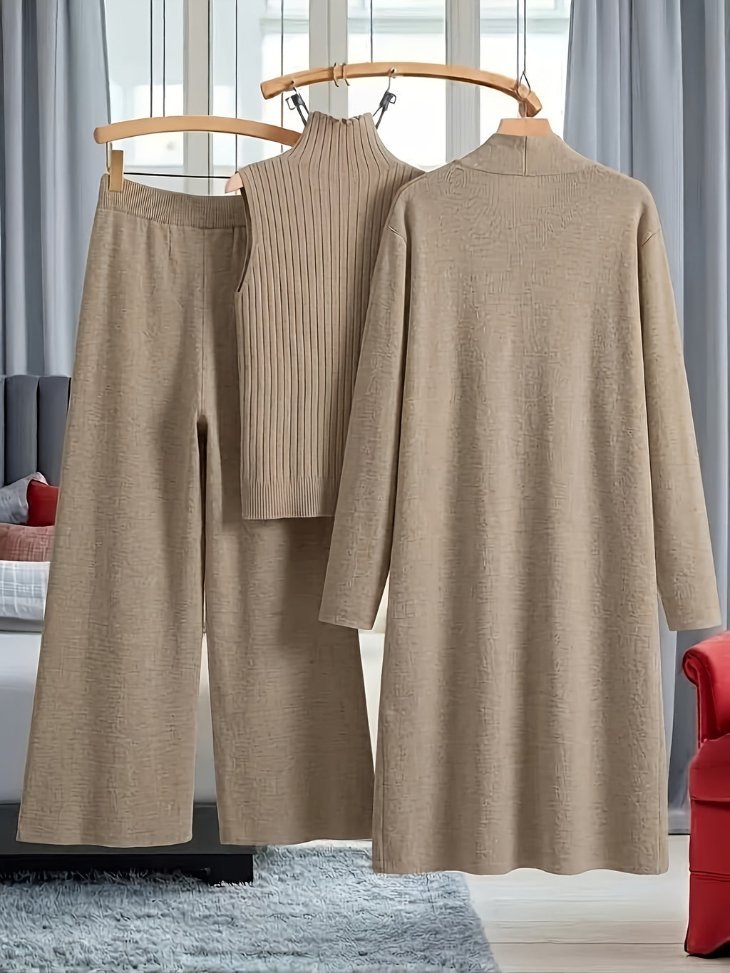 Genuine - Women's Autumn and Winter New Loose Set: Long Wide-Leg Pants + Shawl Cardigan + High-Collar Sweater Vest Fashion Three-Piece Set - product image 31