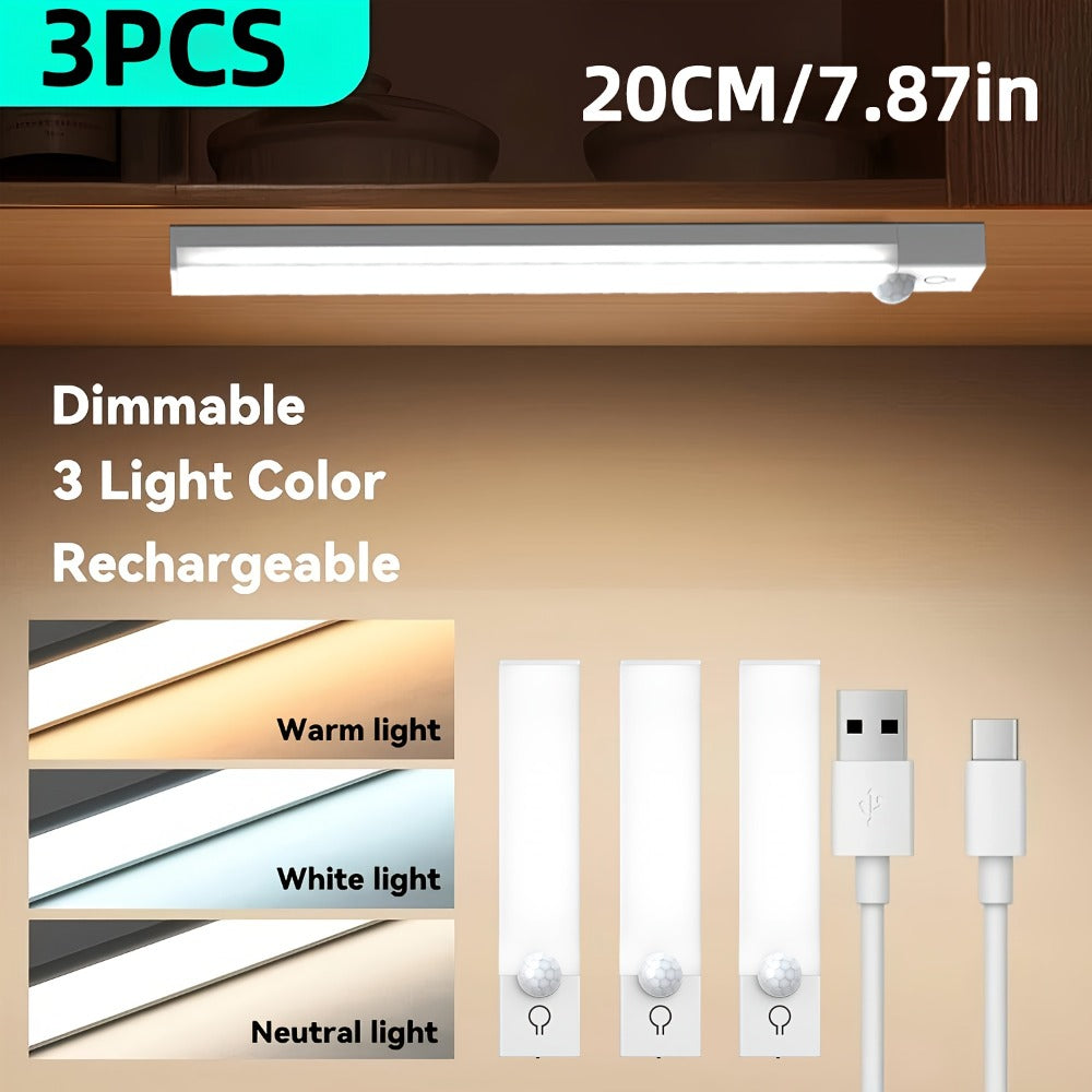 Motion Sensor Light 3 Pack USB Rechargeable LED Cabinet Light Dimmable 3 Color Temps Magnetic Base for Kitchen Closet Stairs Hallway Bedroom 7.87" 11.81" - product image 3