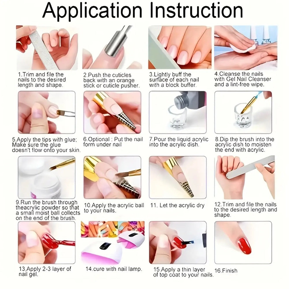 Acrylic Nail Kit 23-in-1 Complete Set with 12 Glitter Colors White & Pink Powder - DIY Nail Extension System No Glue No Liquid Needed for Beginners & Pros, Home Salon Manicure Kit  - product image 12