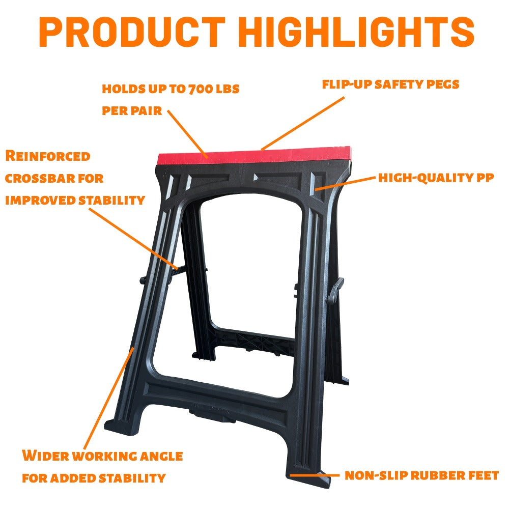 Folding Sawhorse 2 Pack Heavy Duty 700LBS Capacity Portable Work Support Horses Foldable Steel Saw Horse Set with Non-Slip Legs for Workshop Garage DIY Projects - product image 7