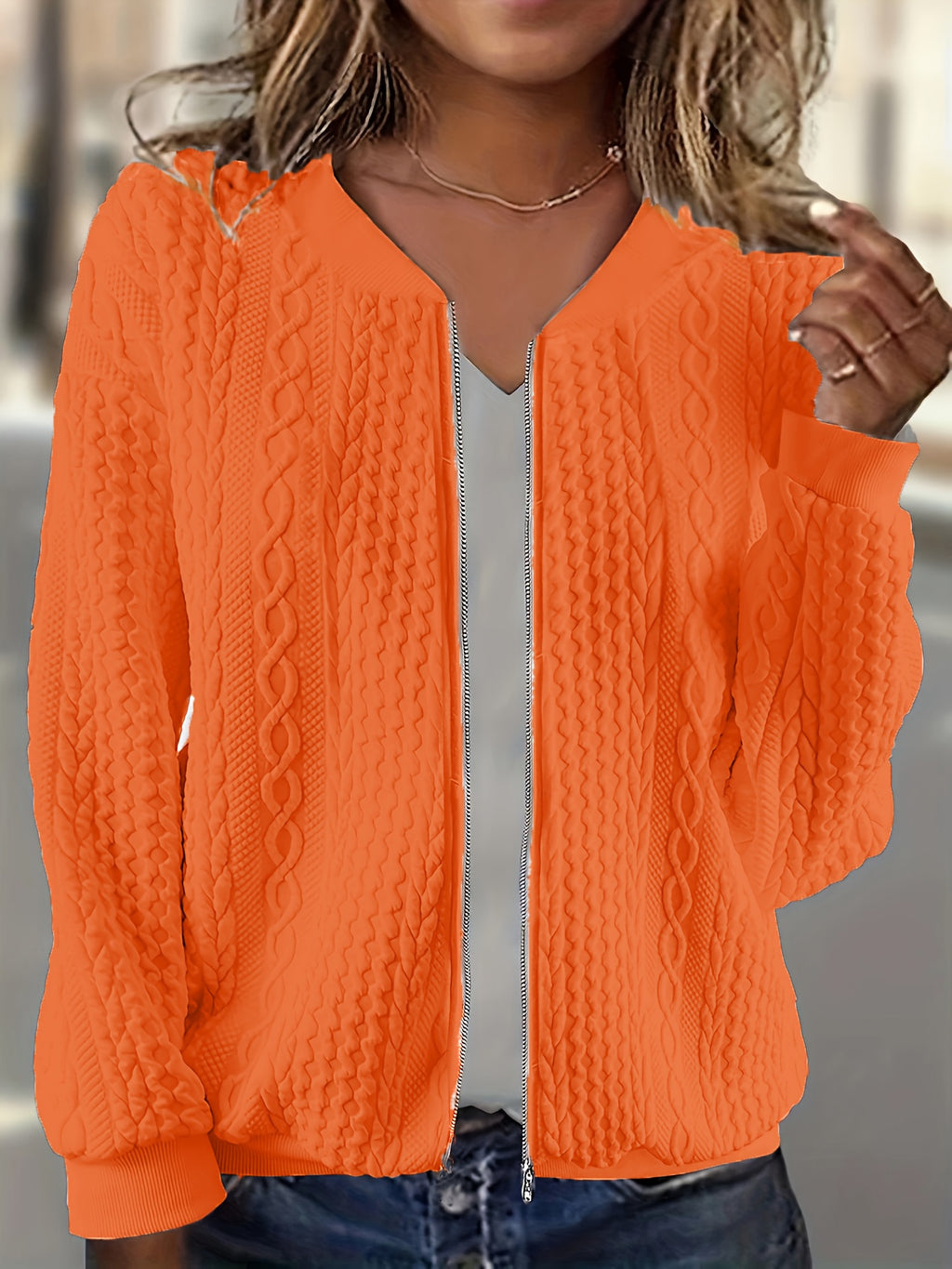 Plus Size, Plus Size Zip Up Textured Solid Jacket, Casual Long Sleeve Outerwear for Fall & Spring, Women's Plus Size Clothing - product image 5