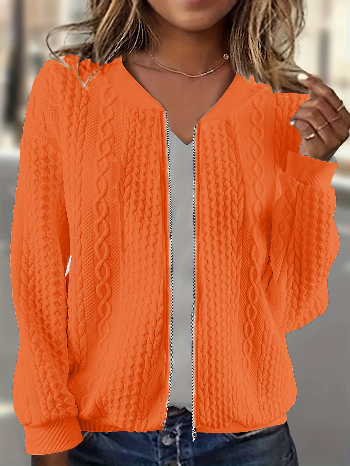 Plus Size, Plus Size Zip Up Textured Solid Jacket, Casual Long Sleeve Outerwear for Fall & Spring, Women's Plus Size Clothing - product image 5