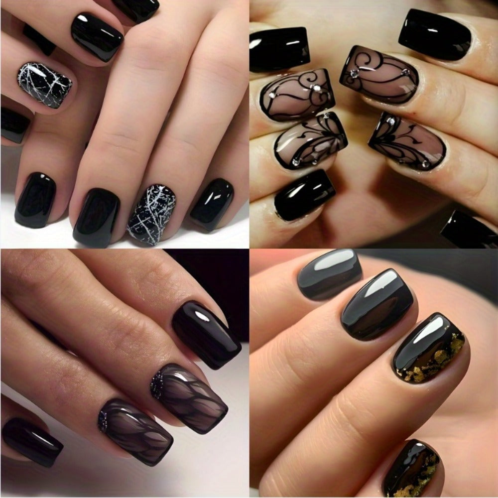 Black Press On Nails Short Square 96 Pieces – Ice Crack Crackle Design Glossy Full Cover Fake Nails for Women Girls | Edgy Alternative Nail Art Kit | Summer Party Concert Festival  - product image 3