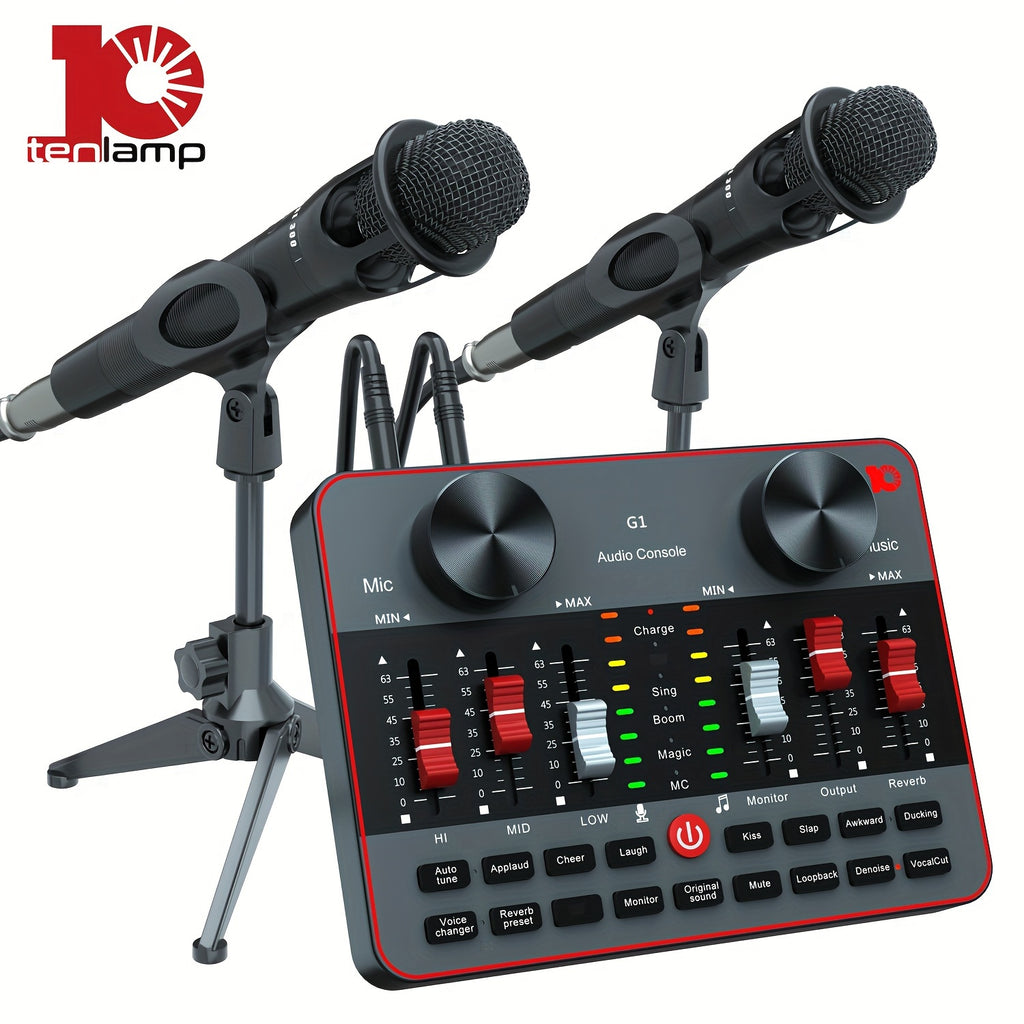 Podcast Equipment Bundle, All-in-One Audio Interface DJ Mixer with 2 Condenser Microphones, Recording Studio Kit Live Sound Card for Singing Broadcast, Live - product image