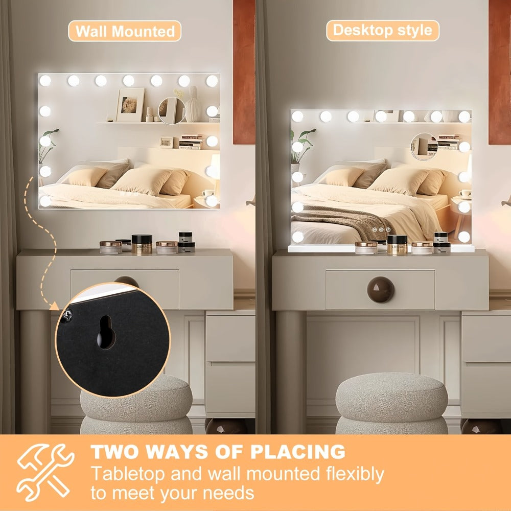 Hollywood Vanity Mirror with Lights – 15 LED Bulbs, 3 Color Modes, Dimmable Brightness, 23x18 Inch, USB & Type-C Charging, Touch Control, Desk & Wall Mount, Metal Frame Makeup Mirr - product image 8