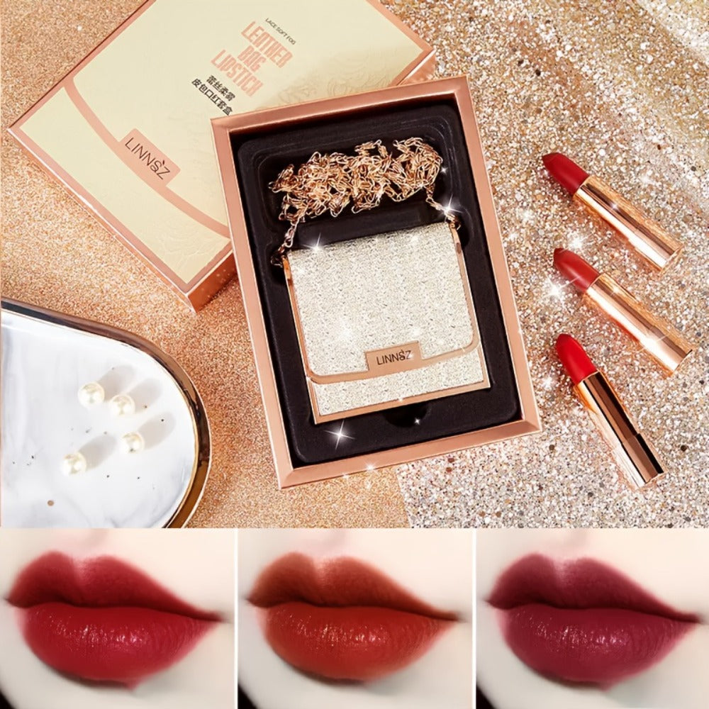 Matte Lipstick Gift Set 3pcs in Silvery Chain Bag Box — Velvet Finish Waterproof Long-Lasting Red Lip Color, Conditioning Formula 3.5g Each, Perfect for Valentine's Day Mother's Da - product image 3