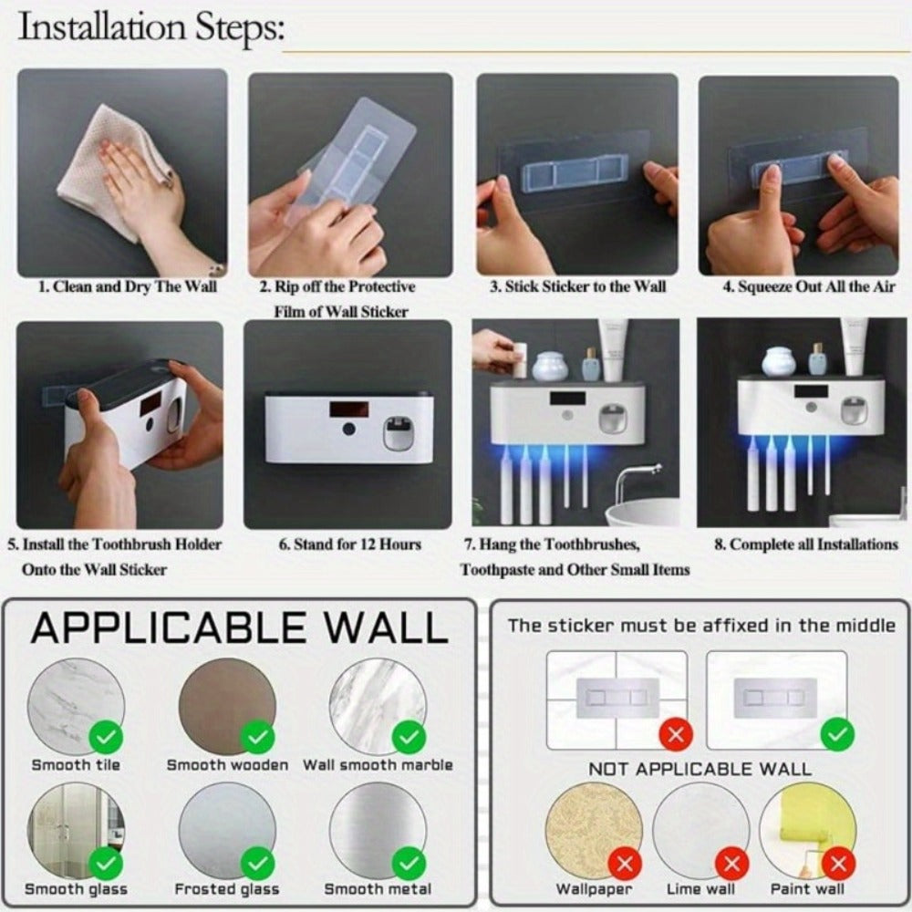 Toothbrush Holder Wall Mount with Toothpaste Dispenser Solar Rechargeable Cordless Space Saving Bathroom Organizer Toothbrush Storage for Bathroom Counter Vanity - product image 10