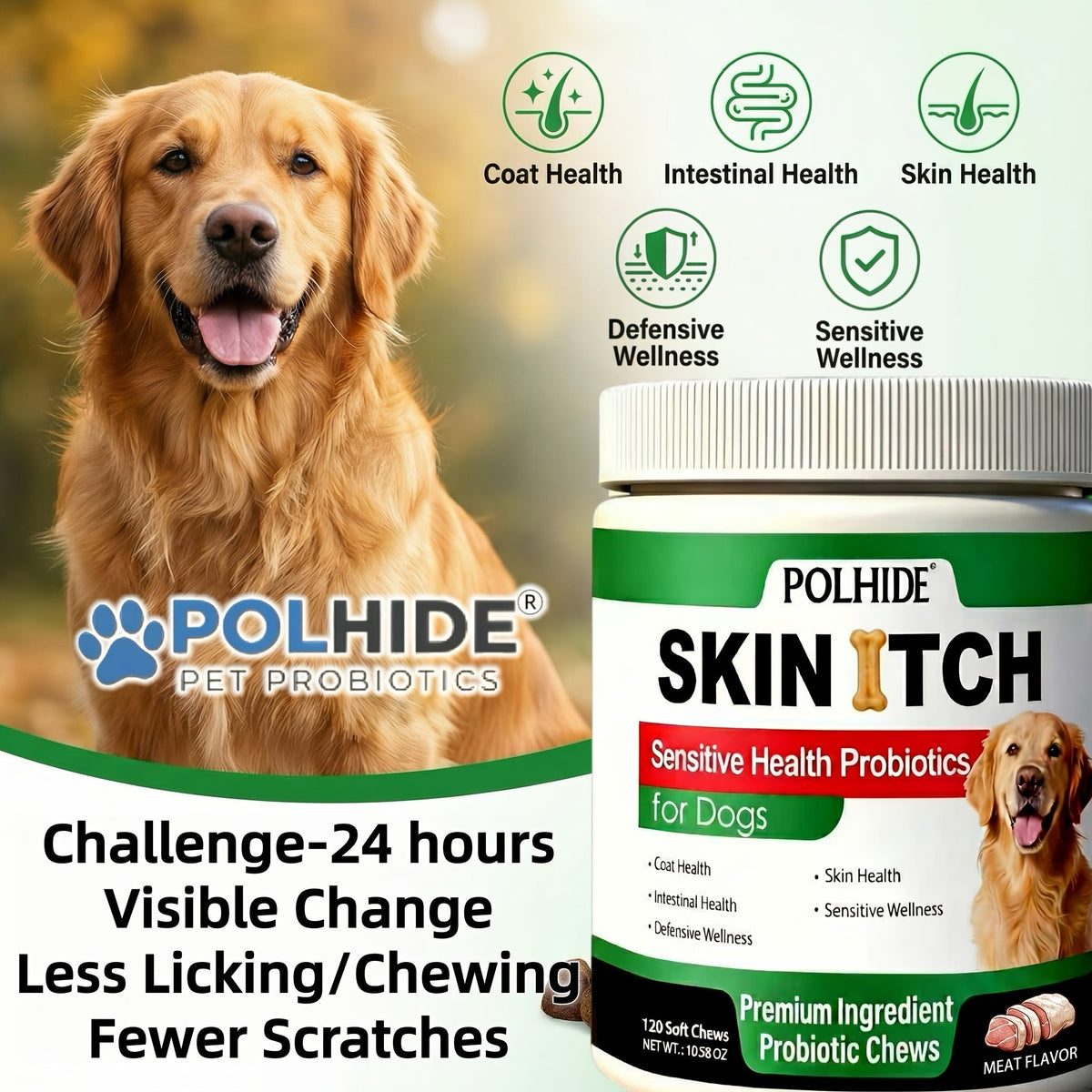 Yeast Supplement for Sensitive Stomach, Coat & Intestinal Wellness, Soft Meat Flavor, 90-Day Supply for Dogs All Ages – Dog Gut Health Probiotic Chews 120 Count - product image