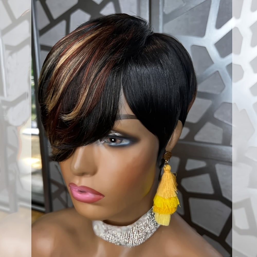 Short Pixie Cut Wig with Bangs Black Blonde Layered 4 Inch Rose Net Cap | Brown Blonde Mix Synthetic Wig for Black Women Daily Wear Office Party - product image 6