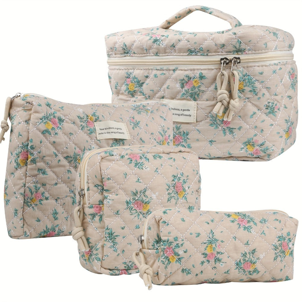 Quilted Makeup Bag Set 4-Piece Floral Rose Coquette Aesthetic Premium Cotton Cosmetic Organizer Travel Toiletry Pouch 4 Sizes for Women Girls Vanity Bathroom Gift - product image 7